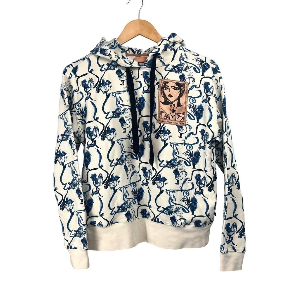 Scotch & Soda Women XS Blue Bird Print Graphic Patch Hoodie Cream Artsy Whimsy